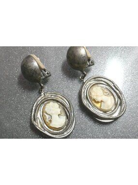 Vintage Signed Laura Vogel New York 2.25" Brutalist Silver Tone Cameo Drop Earri